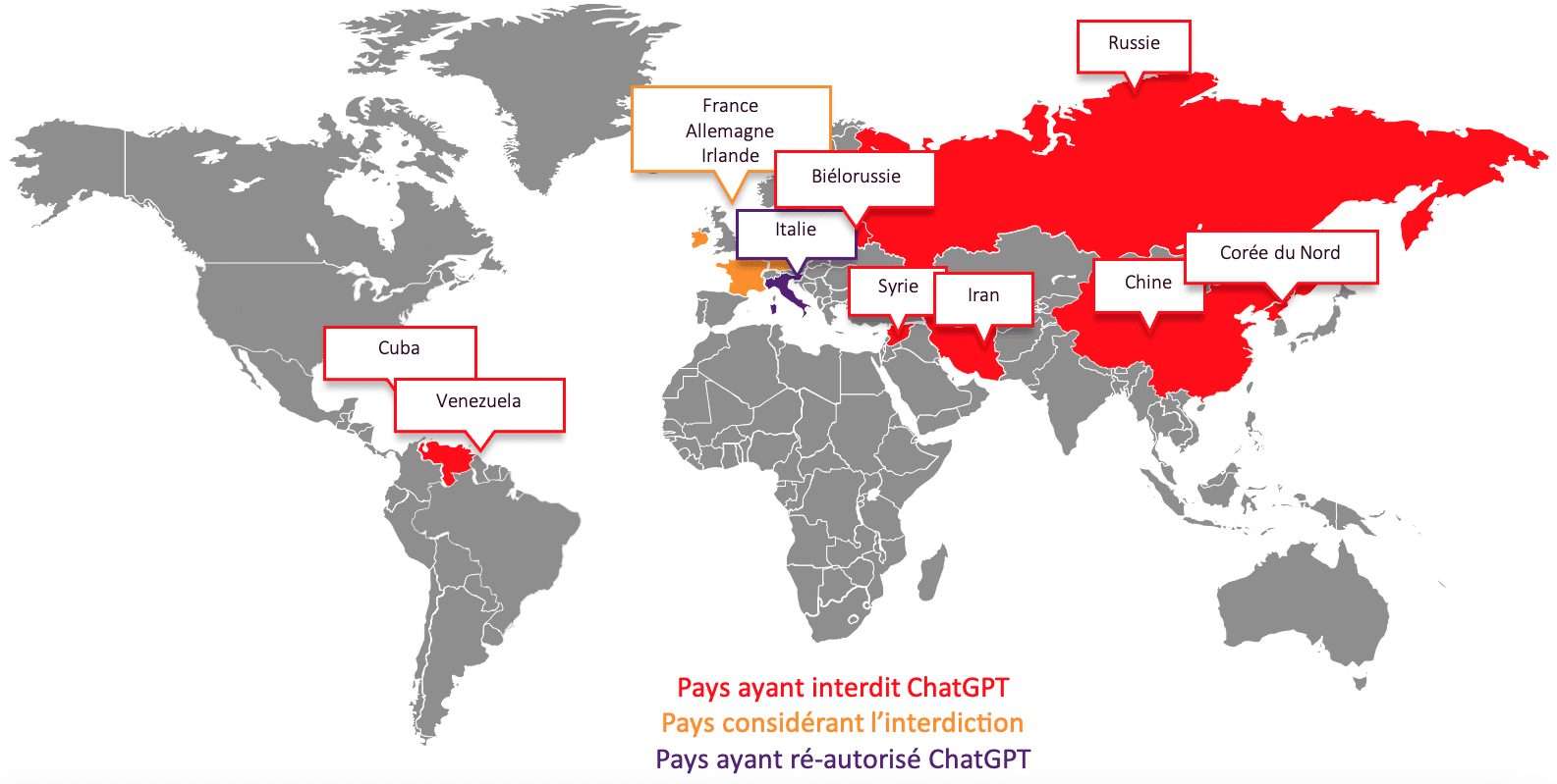 Cartographie pays ayant interdit ChatGPT